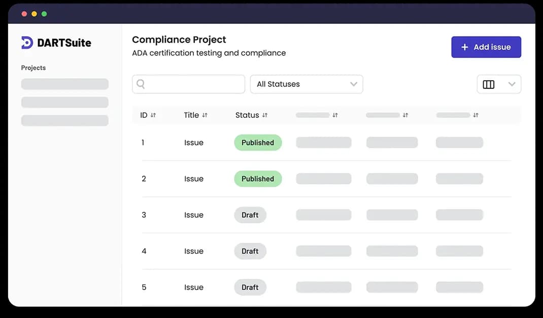 A screenshot of DARTSuite's platform displaying a list of digital compliance issues
