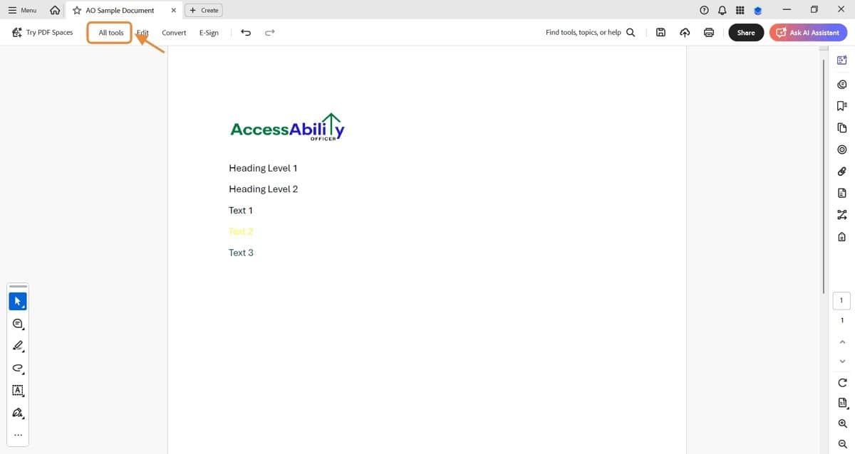 Screenshot of Adobe Acrobat Pro DC showing &ldquo;All tools&rdquo; selected in the left menu, with an orange arrow pointing to the option &ldquo;Prepare for accessibility.&rdquo; Demonstrates how to open the accessibility tools panel.