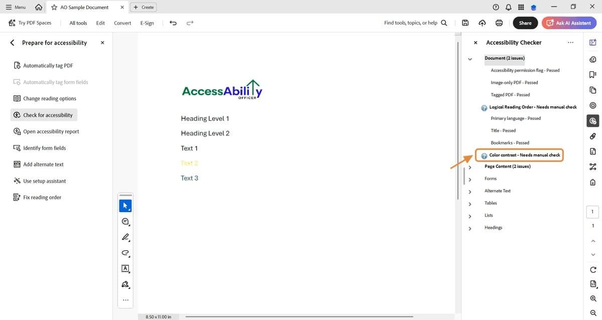 Accessibility Checker panel in Adobe Acrobat showing results. &ldquo;Color contrast &ndash; Needs manual check&rdquo; is highlighted with an orange box and arrow.