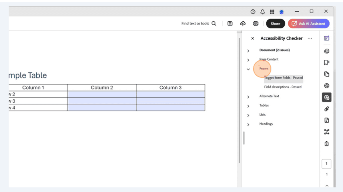 Adobe Acrobat Pro Accessibility Checker panel showing successful validation of tagged form fields and field descriptions for PDF table accessibility compliance.