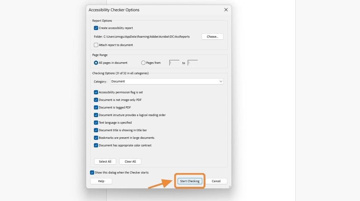 Screenshot of the Accessibility Checker Options dialog in Adobe Acrobat Pro DC, with &ldquo;Start Checking&rdquo; highlighted by an orange arrow. Shows how to begin checking color contrast and document accessibility.