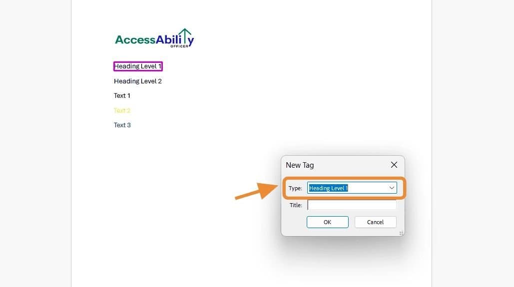 A &ldquo;New Tag&rdquo; dialog box is open, with the dropdown for &ldquo;Type&rdquo; set to &ldquo;Heading Level 1.&rdquo;
