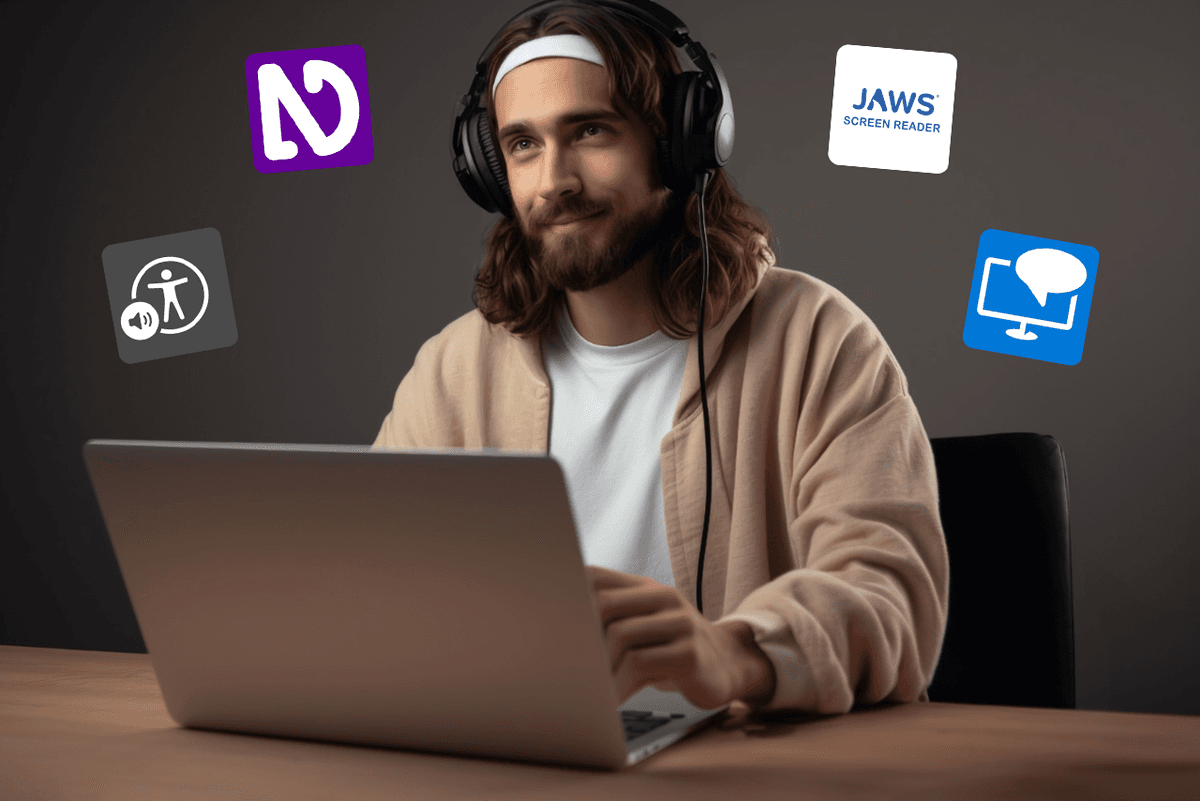 Man using a laptop. Around him are the logos of several screen readers, including NVDA, JAWS, VoiceOver, and Narrator. 