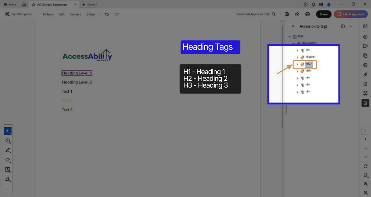PDF document with Tags panel icon highlighted on the right. Used to open the tag tree for editing accessibility tags like headings and paragraphs.