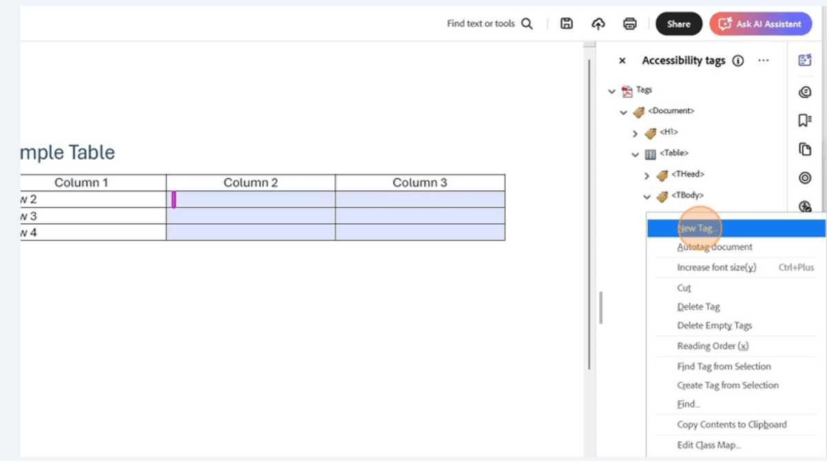 Adobe Acrobat Pro Accessibility Tags panel showing Find option selected to locate untagged annotations for PDF form fields inside tables.