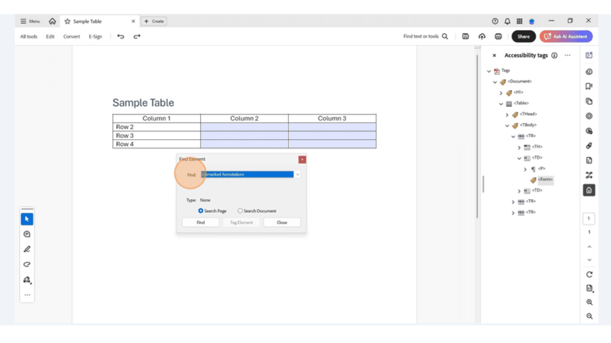 Adobe Acrobat Pro interface showing Find Element window open to locate unmarked annotations for PDF form field tagging inside a table.