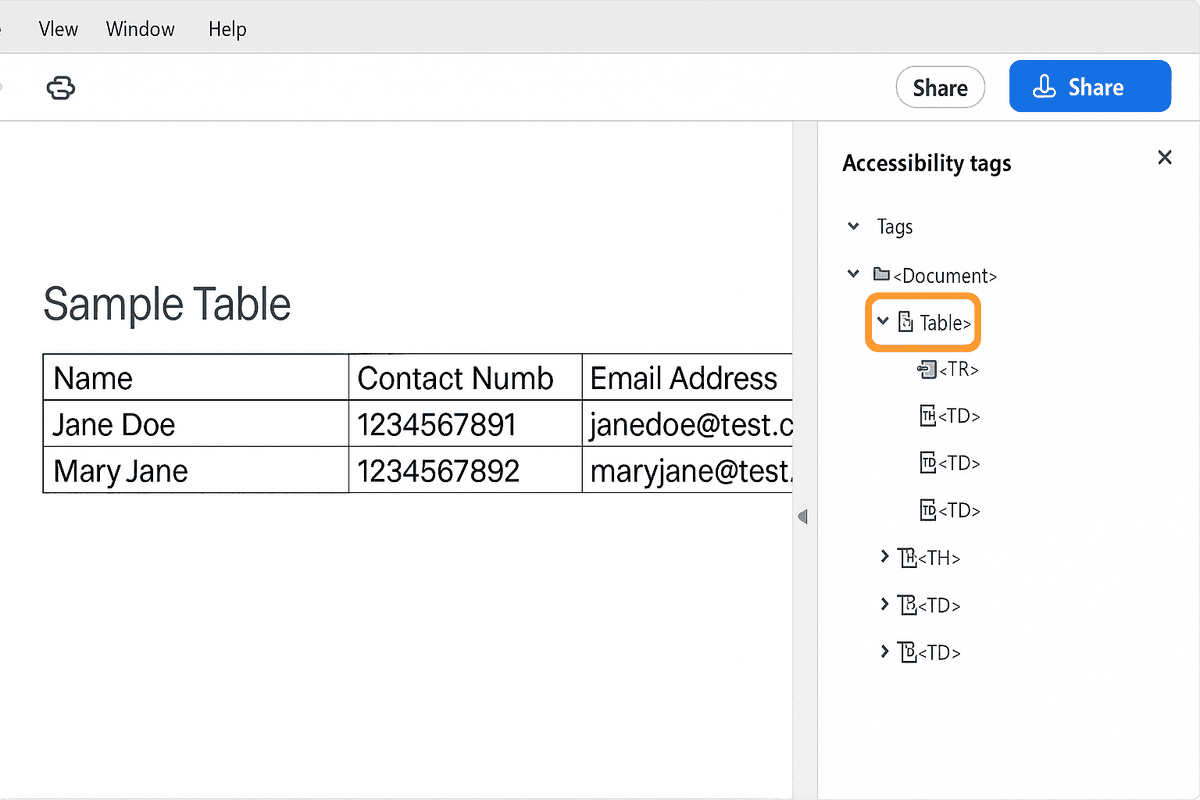 n Adobe Acrobat Pro&rsquo;s Reading Order panel, a sample table labeled &ldquo;Sample Table&rdquo; is highlighted, showing table structure lines. The orange arrow points to the &ldquo;Table Editor&rdquo; button&mdash;where users open table tagging mode to start defining header and data cells for ADA-compliant PDFs.