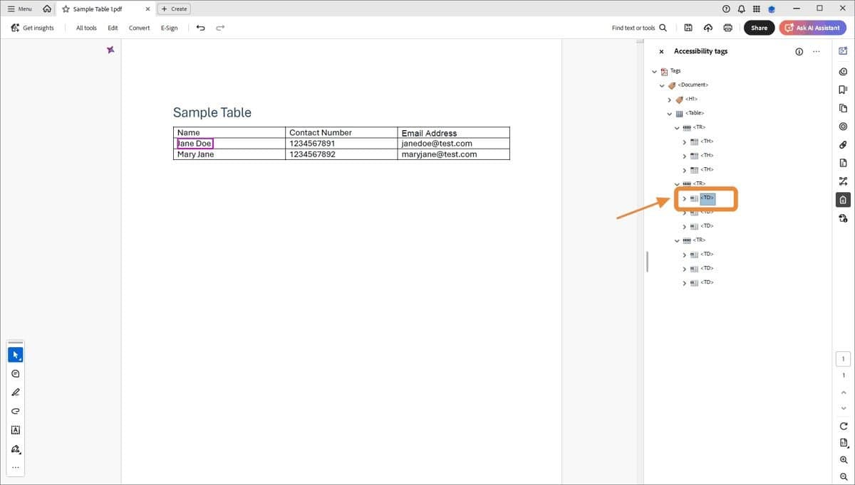 Cell 'Jane Doe' highlighted with a TD tag selected in the Tags panel.