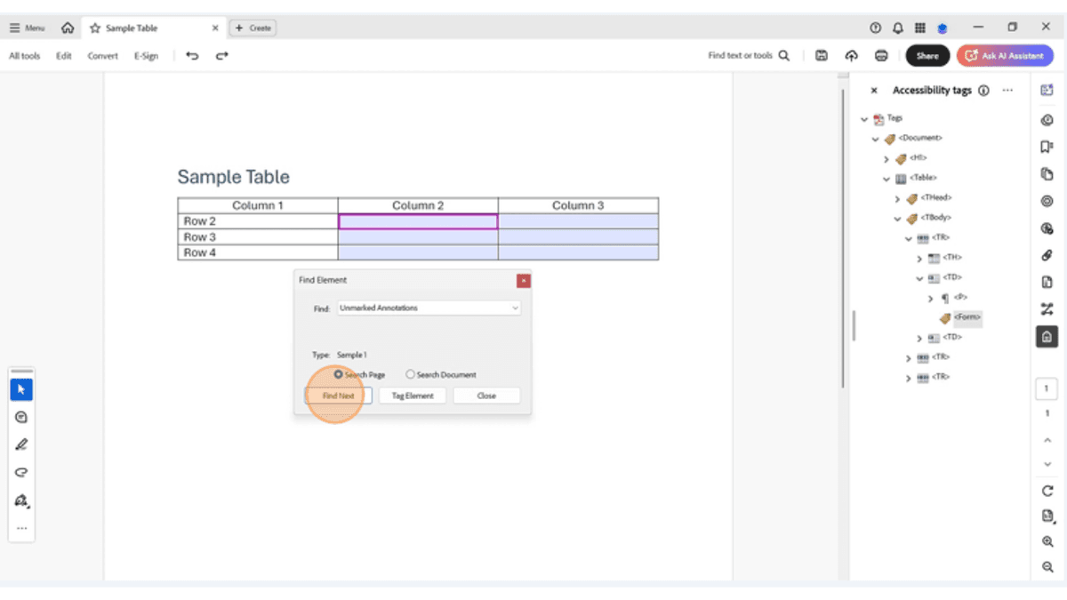 Adobe Acrobat Pro displaying Find Element dialog with unmarked annotations search selected to tag form fields in an accessible PDF table.