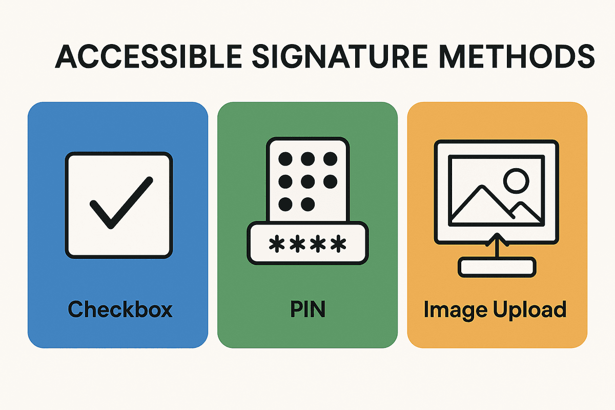 Three accessible signature methods displayed side by side: Checkbox (blue background with a checkmark icon), PIN (green background with a keypad and password field), and Image Upload (orange background with an image and upload icon).