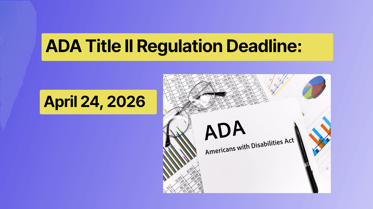 Document titled &ldquo;ADA &ndash; Americans with Disabilities Act&rdquo; placed on top of business charts and graphs, with eyeglasses and a pen. Overlay text reads &ldquo;ADA Compliance&rdquo;.