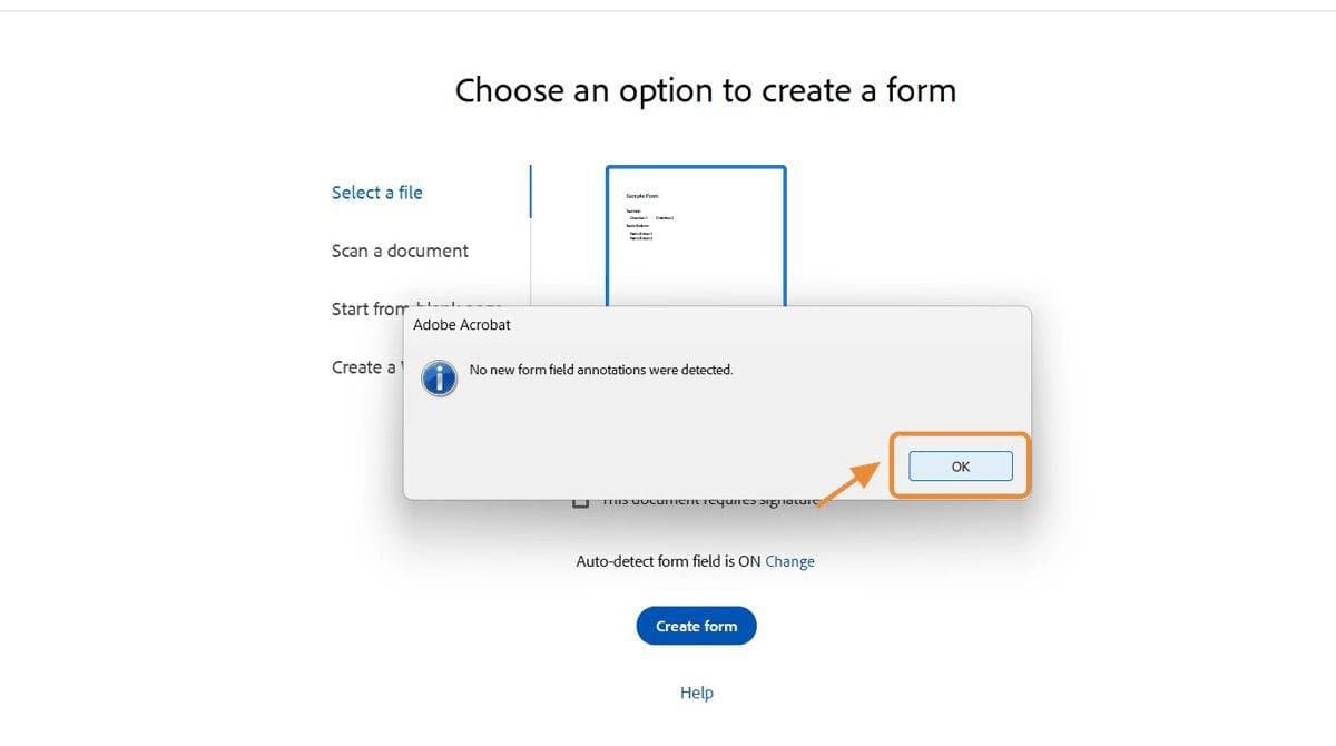 Dialog: No new form field annotations were detected.