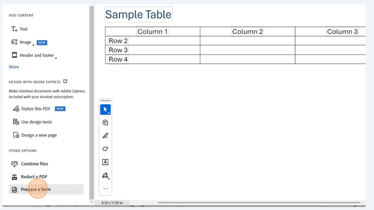 Adobe Acrobat Pro interface showing Prepare a Form option selected to begin adding form fields to a PDF table for accessibility tagging.