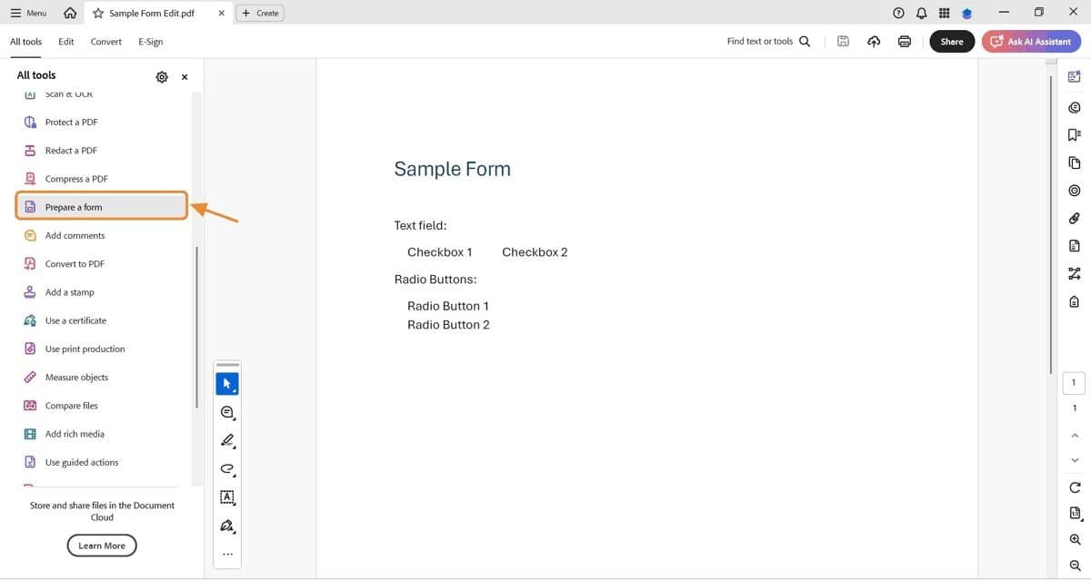 Tools menu with Prepare a form highlighted.