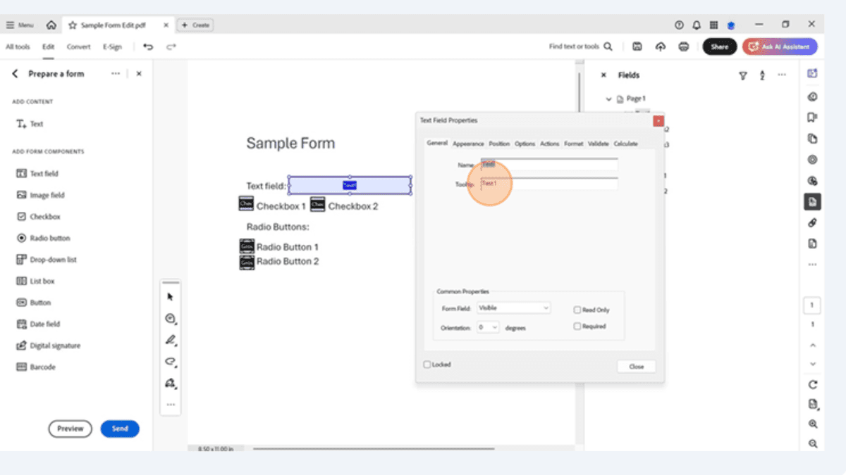 Text field properties window in Acrobat Pro with name and tooltip entered for screen reader accessibility.