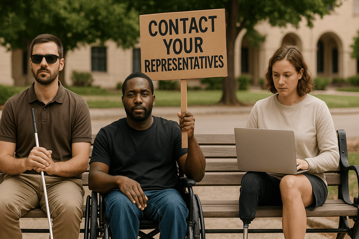 Three disabled advocates on a bench: a blind man, a wheelchair user with a protest sign, and a woman with a prosthetic leg using a laptop&mdash;supporting H.R. 3417