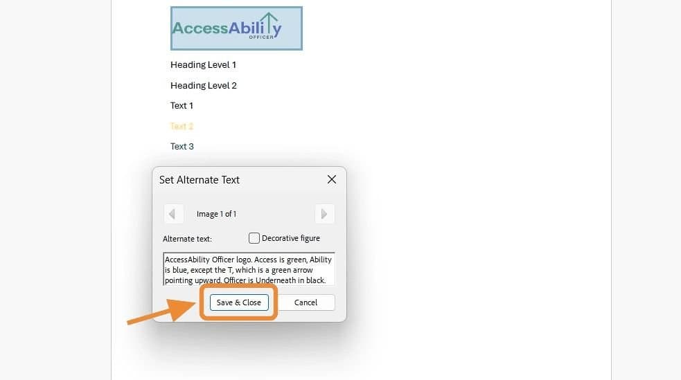 Adobe Acrobat Pro dialog showing ALT text entered with the &lsquo;Save & Close&rsquo; button highlighted to finalize accessible PDF compliance.
