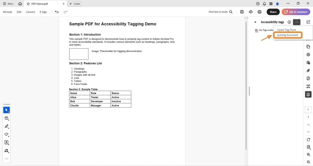 Adobe Acrobat Pro interface displaying the expanded Tags pane where <Table>, <TR>, <TH>, and <TD> elements are reviewed to confirm proper tagging.