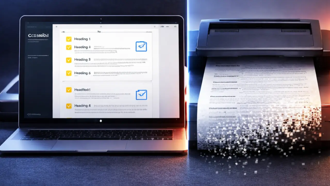 Accessible digital document on a laptop transitions through a scanner into a degraded, unreadable printed page