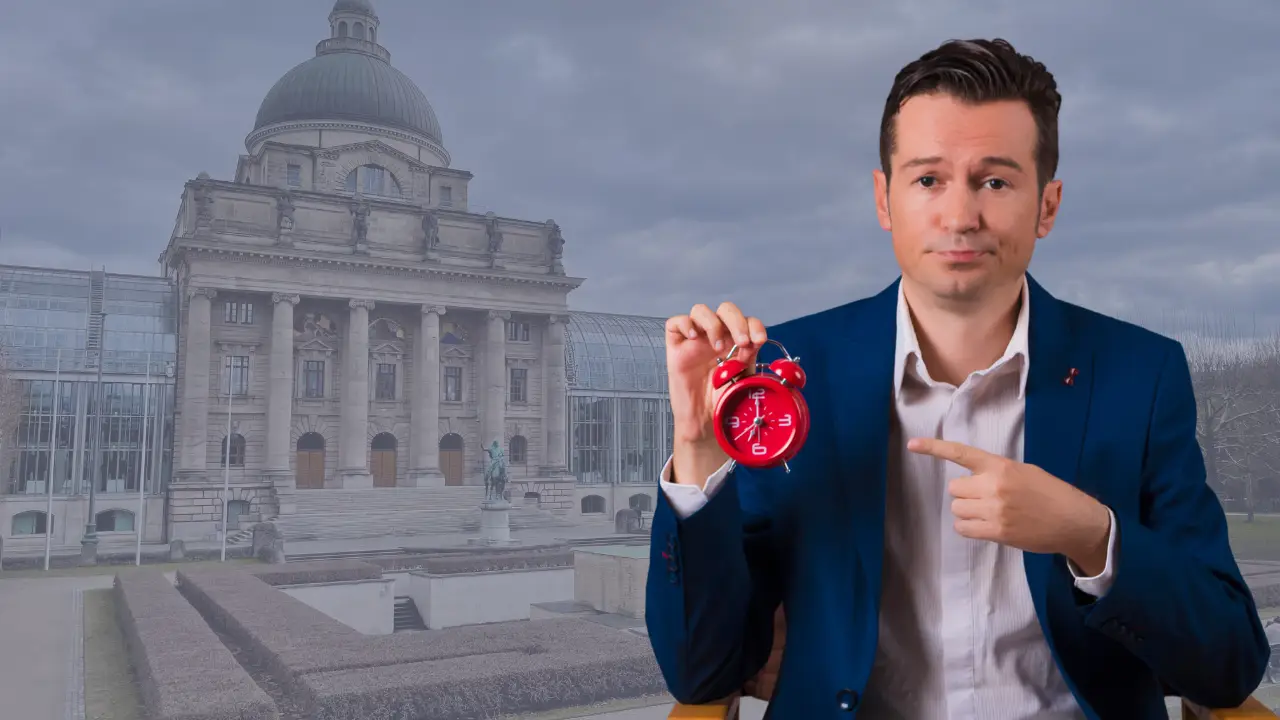 Man holding a red alarm clock in front of a government building, representing urgency and time pressure for accessibility compliance