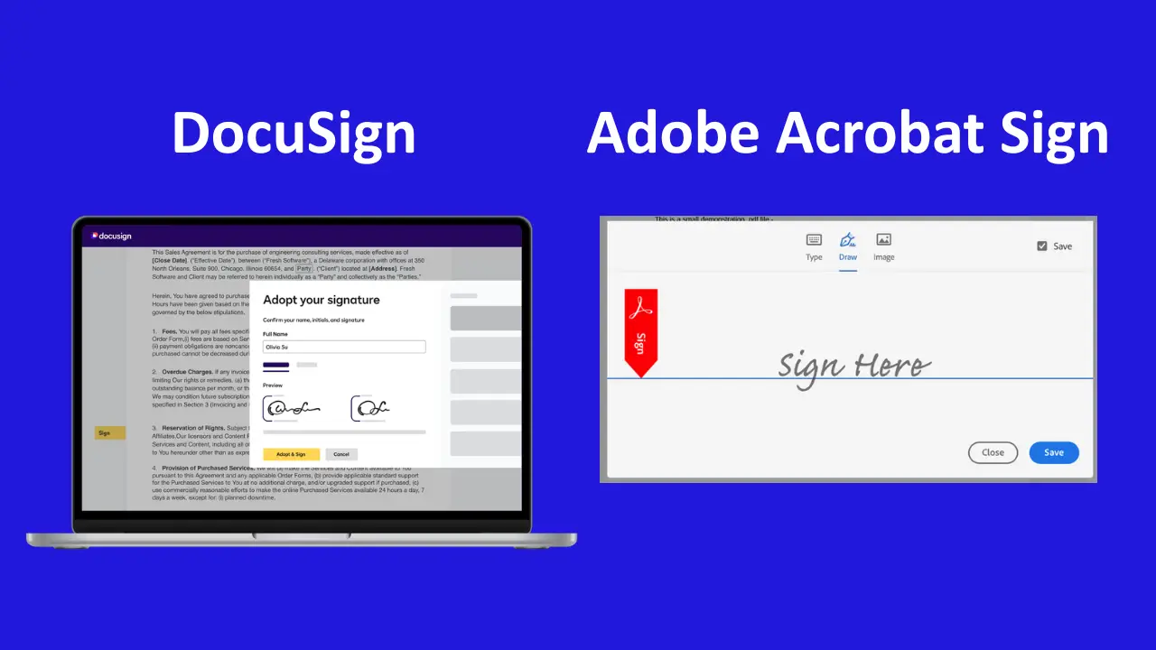 DocuSign and Adobe Acrobat Sign interfaces showing digital signature workflows on screen