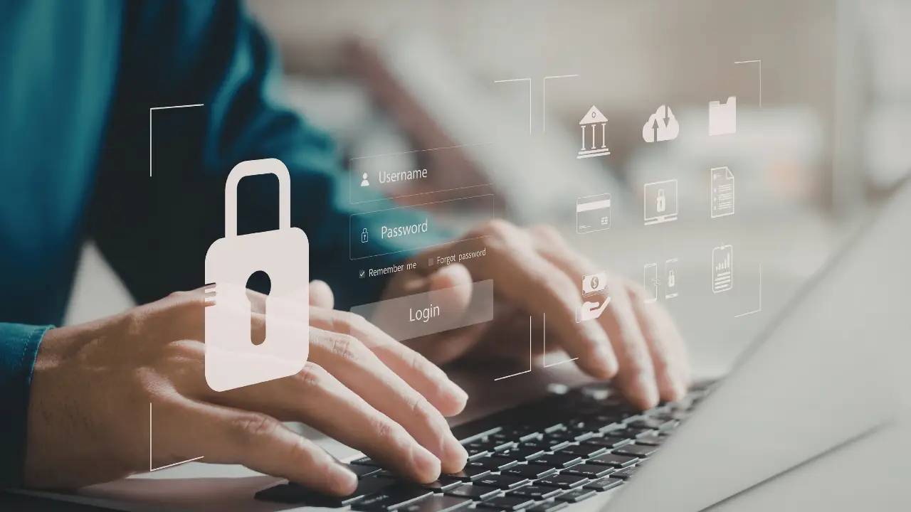 Person typing on a laptop with secure digital login interface and icons representing protected online transactions