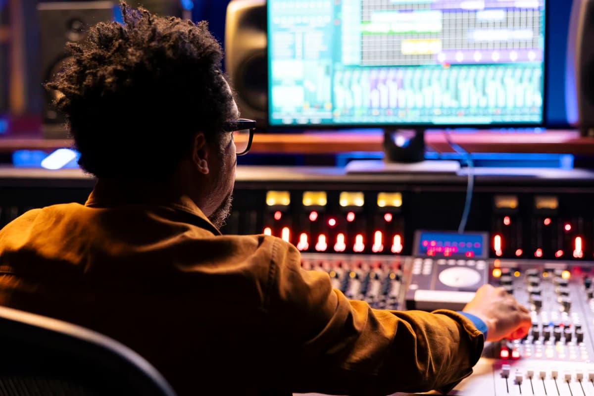 Technician adjusting controls on a mixing console while monitoring audio levels on a screen