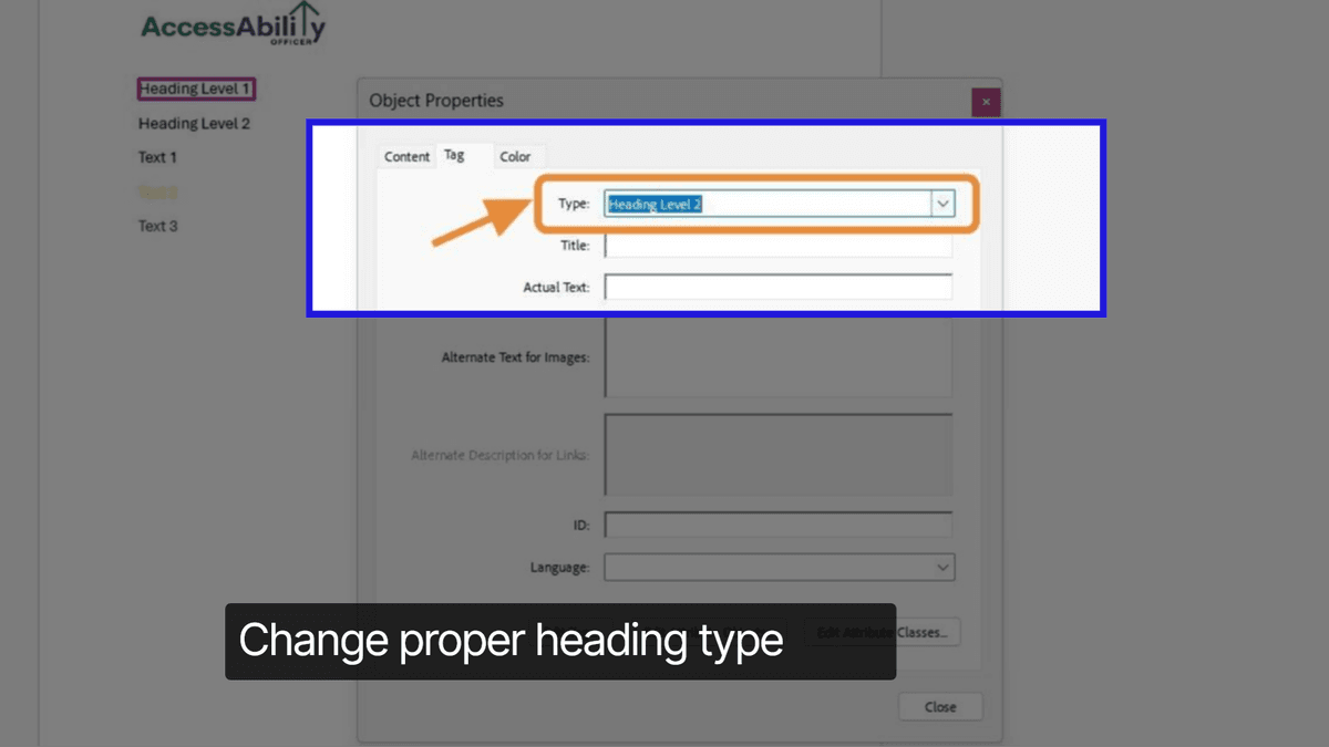 Object Properties dialog open with the Tag tab selected. A dropdown field labeled 'Type' is highlighted, showing Heading Level 2 being assigned.