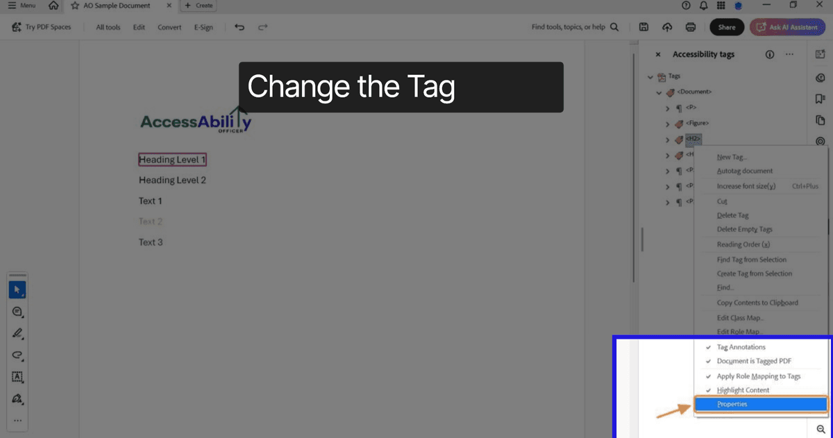 PDF showing selected text labeled Heading Level 2. In the Tags panel, the associated H1 tag is highlighted, indicating it's selected for editing