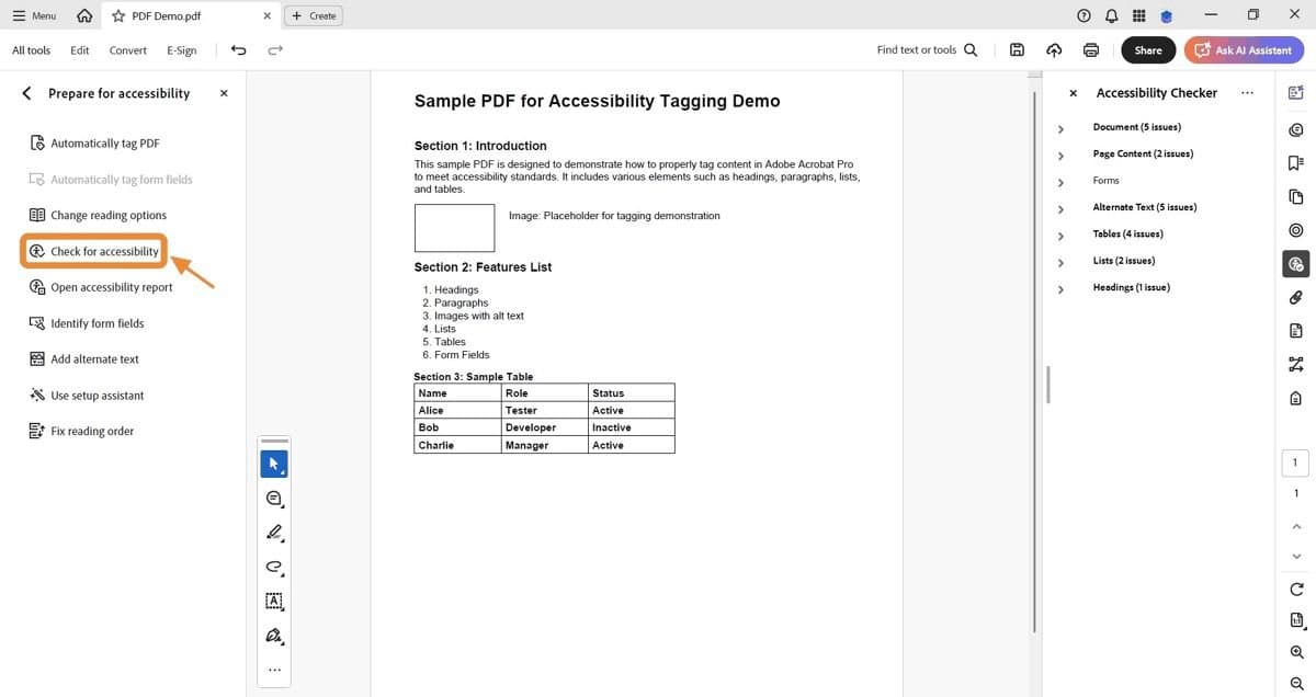 Accessibility pane with Check for accessibility highlighted; results panel on the right.