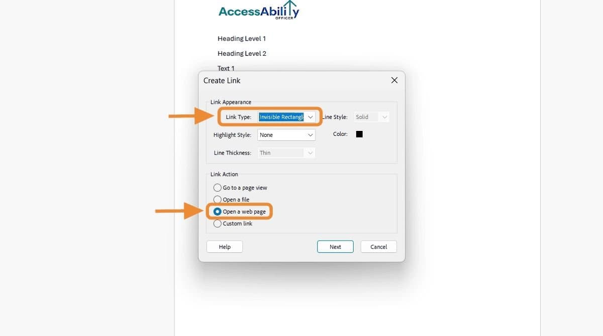 Create Link dialog in Acrobat showing Invisible Rectangle and Open a Web Page options selected for accessibility.