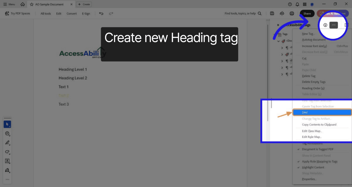 Accessibility Tags panel showing the creation of a new heading tag. An orange arrow highlights the 'New Tag' dialog where tag type is selected.