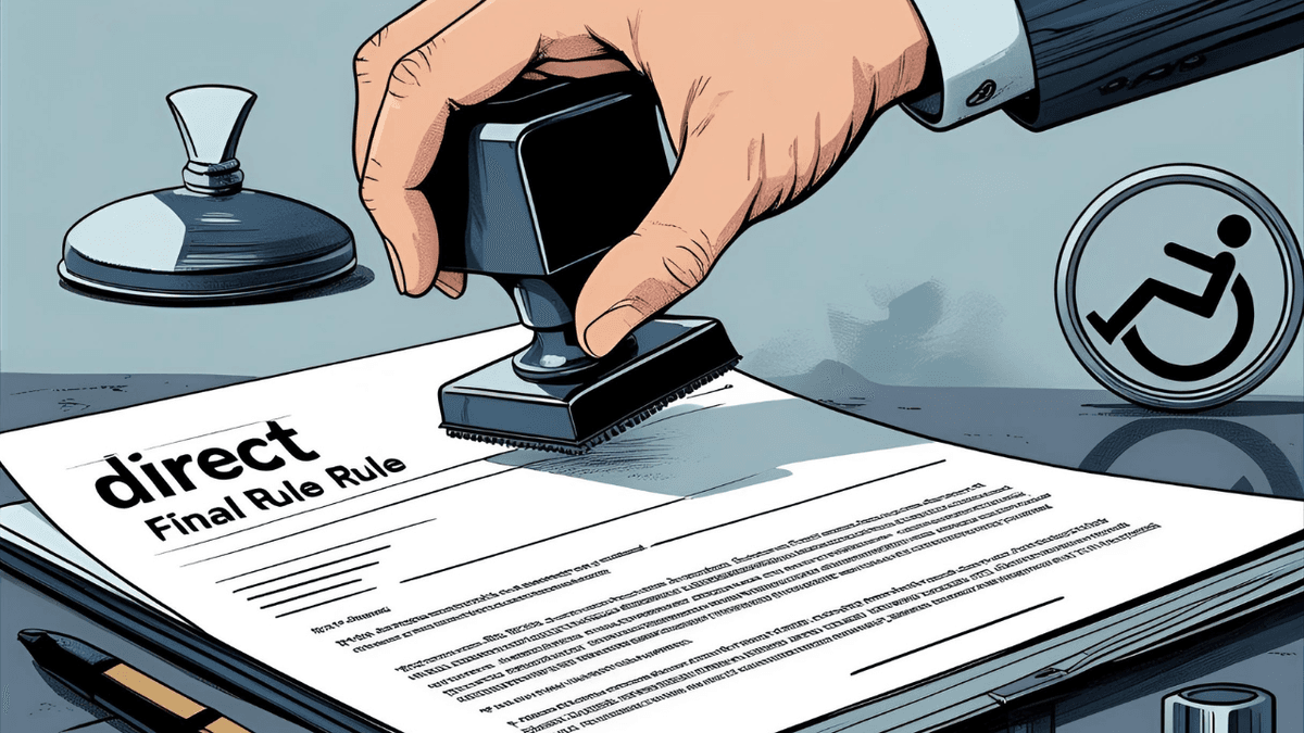 Illustration of a hand stamping a document labeled &ldquo;Direct Final Rule&rdquo; with a wheelchair accessibility icon nearby, representing the regulatory rollback of disability protections.