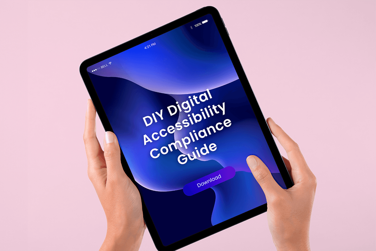 A tablet displaying the title 'DIY Digital Accessibility Compliance Guide' with a 'Download' button on the screen.