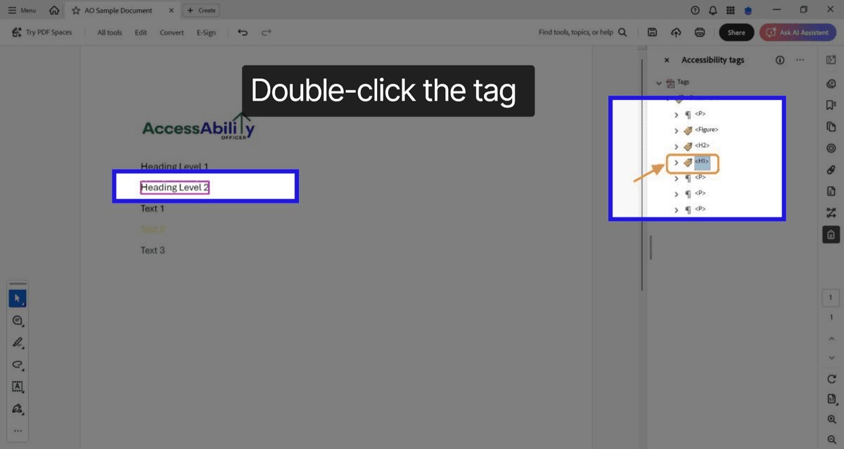Document showing correct heading nesting: H1 for title, H2 for main sections, and H3 for subsections, each highlighted in different colors for clarity.
