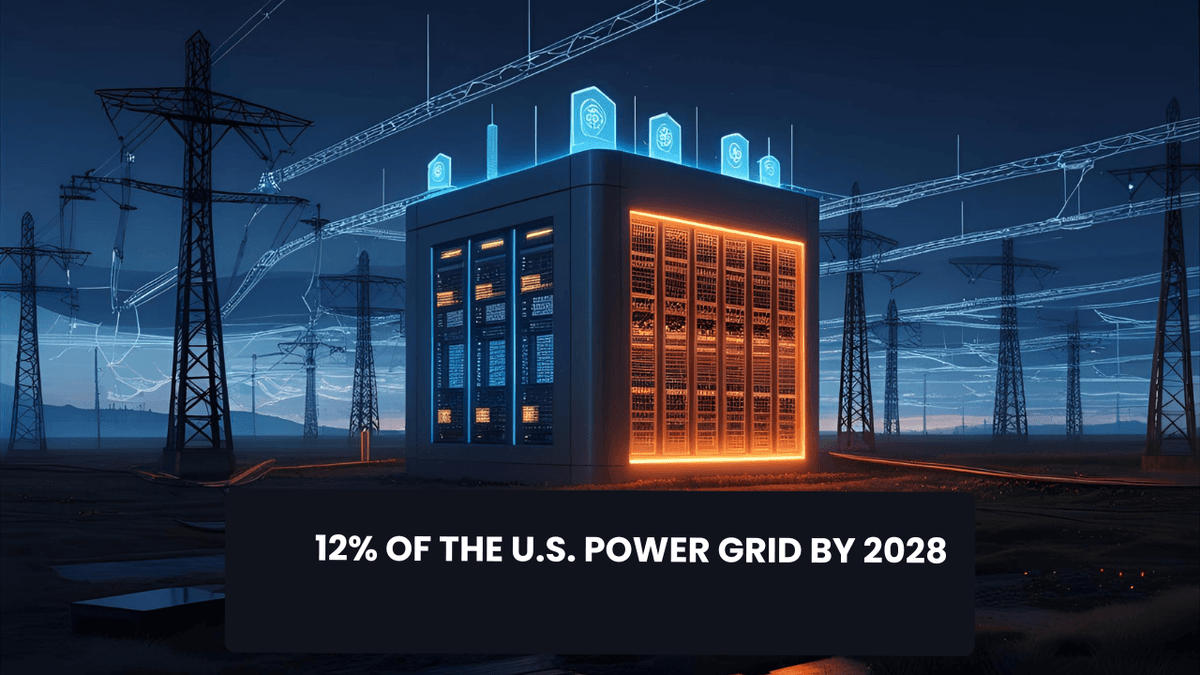 Digital illustration of an AI data center illuminated at night, surrounded by power lines and overlay text reading &ldquo;12% of the U.S. power grid by 2028.