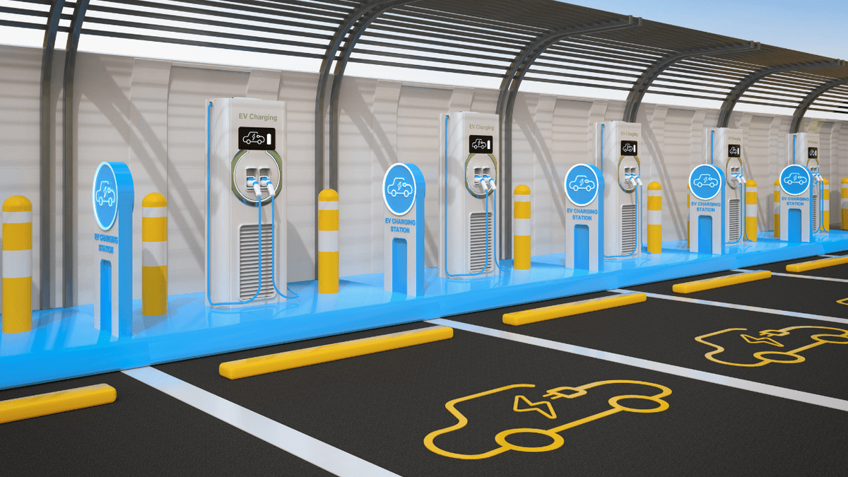 3D rendering of an electric vehicle charging station with multiple chargers and bright blue accessibility signage indicating parking spaces.