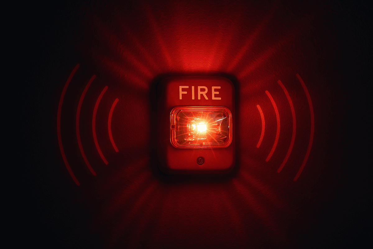 A red fire alarm with a bright flashing light and sound waves indicating an audible alert, highlighting accessibility for the Deaf but posing a risk for individuals with photosensitive epilepsy.