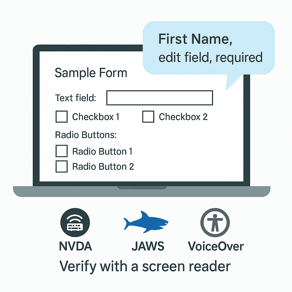 Illustration of a laptop screen showing a sample PDF form with text fields, checkboxes, and radio buttons. A blue speech bubble reads &ldquo;First Name, edit field, required,&rdquo; representing how a screen reader announces form fields. NVDA, JAWS, and VoiceOver logos appear below with the text &ldquo;Verify with a screen reader,&rdquo; emphasizing ADA Title II PDF accessibility testing.