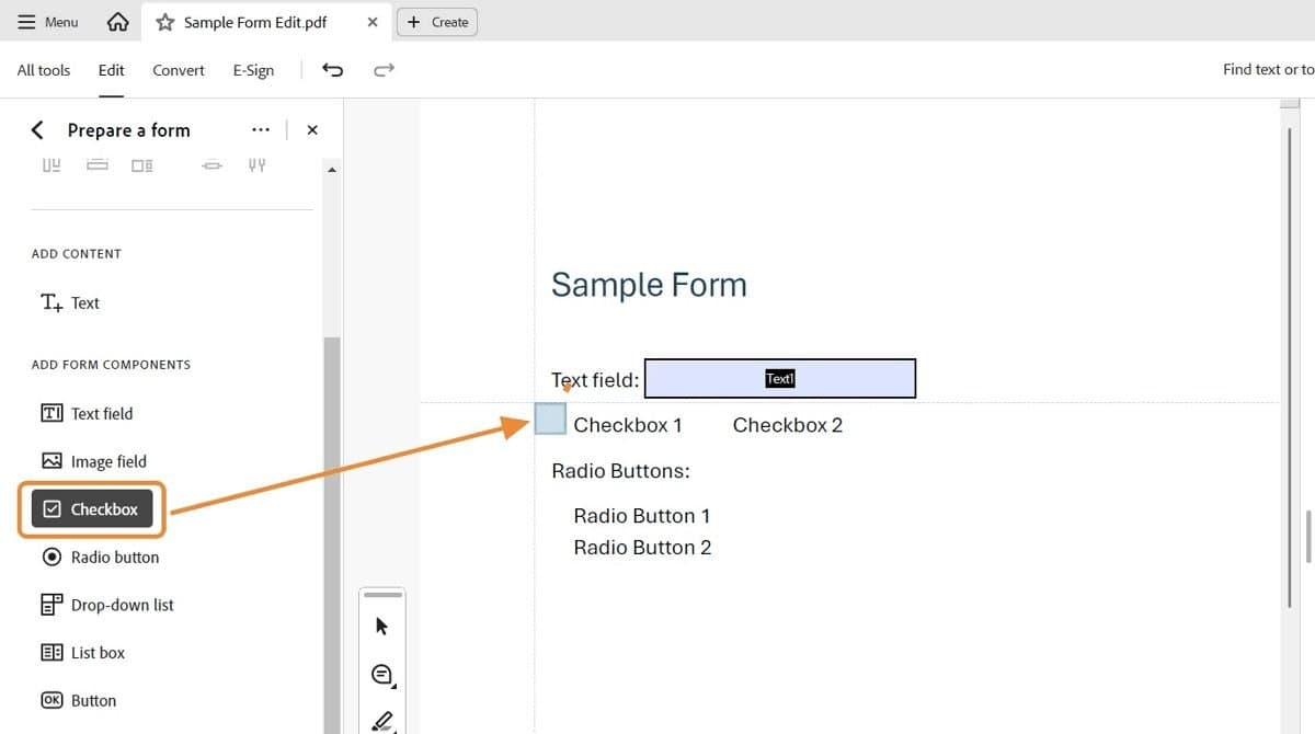 Screenshot of Adobe Acrobat Pro showing the Checkbox option selected from the left toolbar, with an orange arrow pointing to the first checkbox labeled &ldquo;Checkbox 1&rdquo; in the sample form.