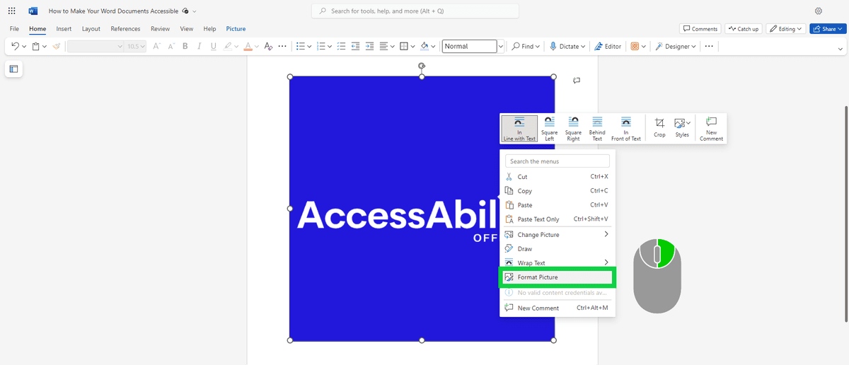 Right-click the image and select Format Picture