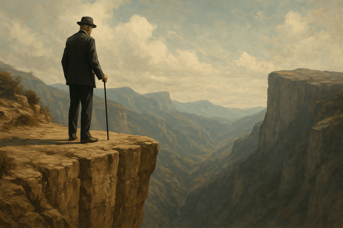 A person in suits using a cane standing at the edge of a steep cliff