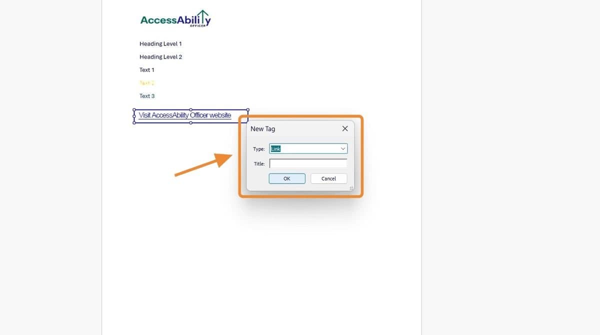 Adobe Acrobat Tags panel open showing <Link> tag created for a hyperlink to ensure ADA Title II compliance.