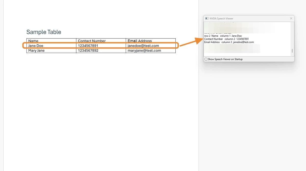 NVDA Speech Viewer showing table with 3 rows and 3 columns with headers.