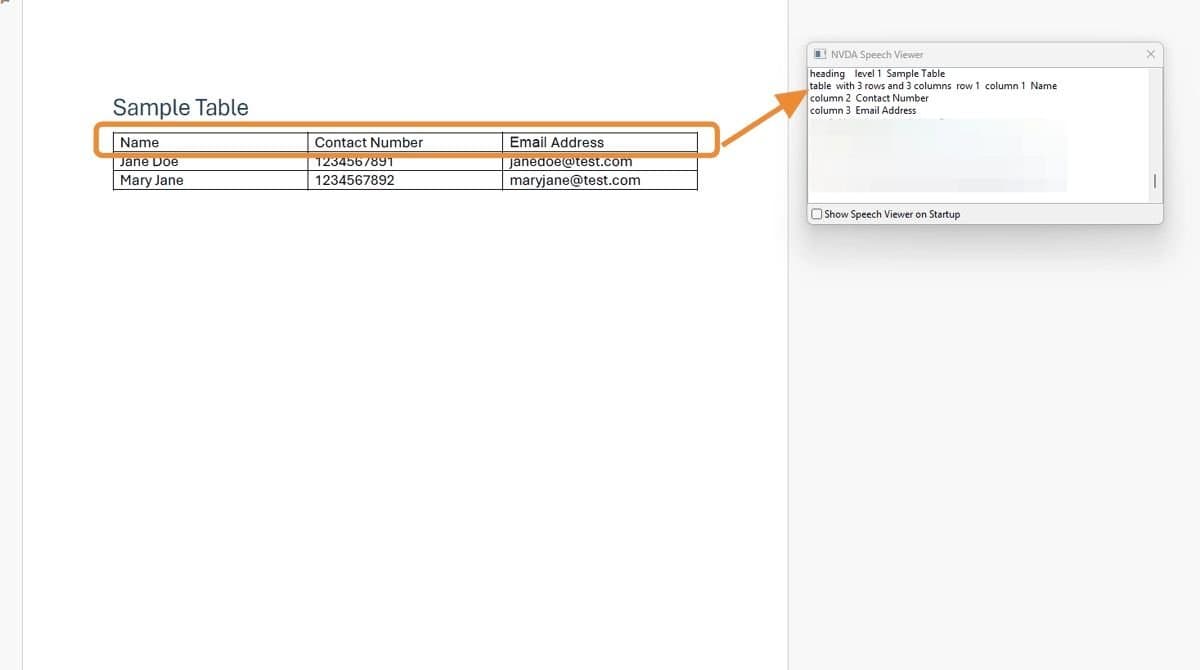 Sample Table with Name, Contact Number, Email Address.