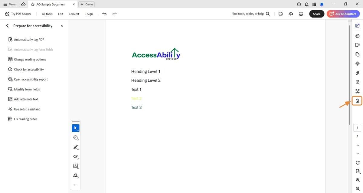 Adobe Acrobat workspace with the AO logo highlighted. The right-side vertical toolbar is visible. An orange arrow points to the Tags icon.