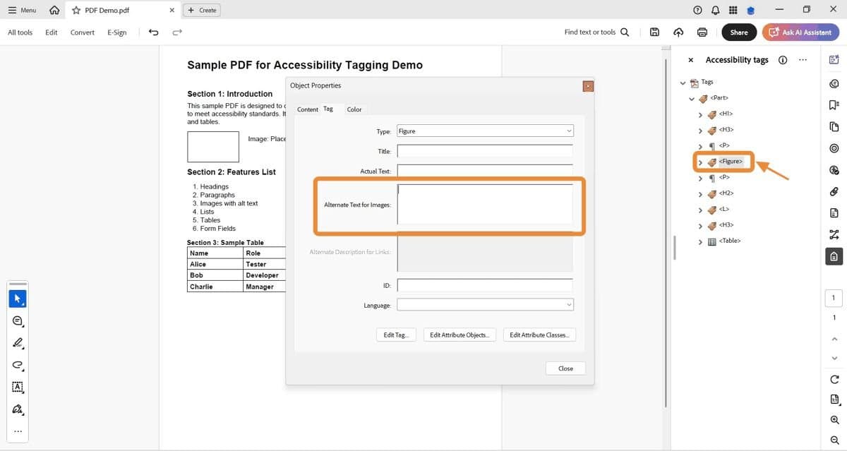 Object Properties for Figure tag with Alternate Text field.