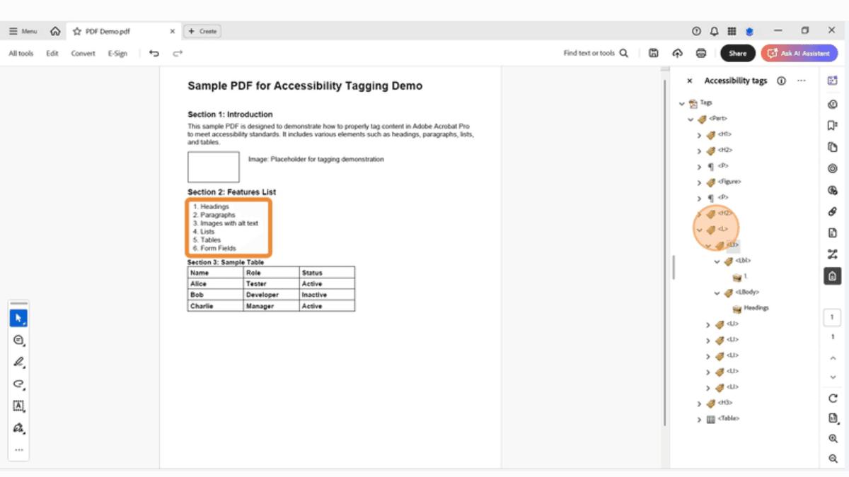Adobe Acrobat screenshot showing an improperly tagged list missing the required <L> container. Review and manually fix using <L>, <LI>, <Lbl>, and <LBody> tags in the tag tree.