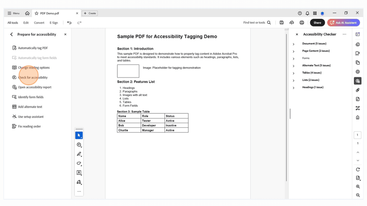  Adobe Acrobat interface highlighting the &ldquo;Accessibility&rdquo; panel with the Accessibility Check tool visible.