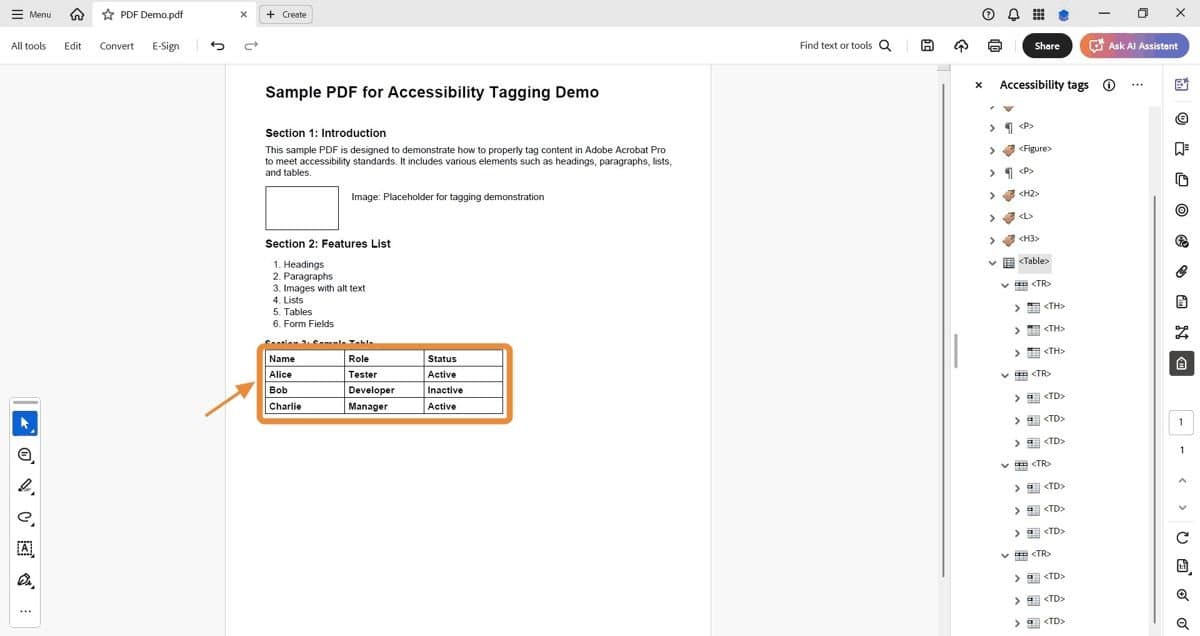 Table content highlighted with correct tags in the Tags panel.